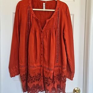 Orange-cinnamon color beach cover up with lace. 2X est size. See measurements.